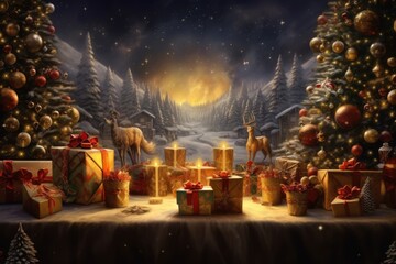 Many gift boxes for the Christmas eve night with snow in winter comeliness - obrazy, fototapety, plakaty