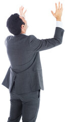 Digital png photo of back view of biracial businessman raising hands on transparent background
