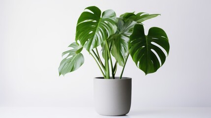 A Monstera deliciosa in a gray pot on a white background with copy space. Isolated on white background.