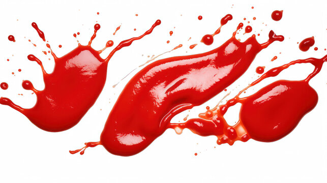 A Red drops of ketchup or sauce isolated on white background with contrasting paths. Full depth of field, focus stacking.