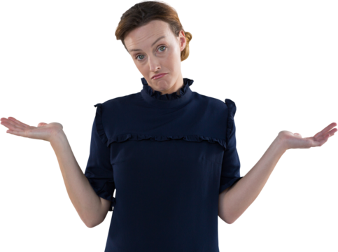 Digital png photo of confused caucasian woman with hands in mid air on transparent background
