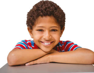 Digital png photo of smiling biracial boy with crossed hands under chin on transparent background
