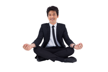 Digital png photo of smiling asian businessman practicing yoga on transparent background