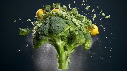 an image of a head of broccoli with lush, green florets and a splash of lemon juice