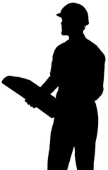 Digital png silhouette of male worker with hardhat and holding plans on transparent background
