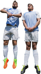 Fototapeta premium Digital png silhouette of two male football players jumping on transparent background