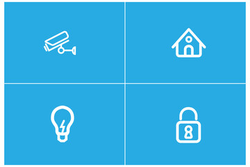 Digital png illustration of white home security icons, copy space on blue and transparent background