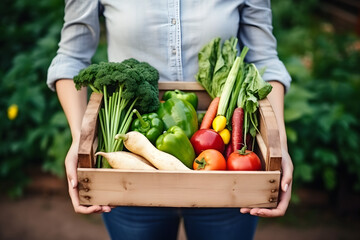 Summer harvest. Farmer holding a wooden crate full of fresh picked vegetables in a greenhouse. A farmer woman holding wooden box full of fresh raw vegetables in her hands. Harvesting homegrown produce