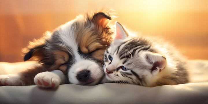 Furry Dreamland Capturing the Pure Delight of a Small Cat and Welsh Corgi Puppy Cosily Asleep, Creating a Picture-Perfect Moment of Tranquil Harmony Heartwarming Harmony generative AI