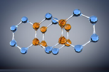Digital png illustration of blue and orange molecules on blue and transparent background