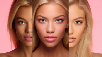 Fototapeta premium Portrait of three blond women with varying degrees of skin tones. Cosmetics and skin care. 