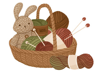 Basket with yarn, knitting needles and a knitted toy rabbit. Concept Vector illustration for home craft stores and postcard design. World Knitting Day in Public Places.
