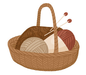 Fototapeta premium Basket with yarn and knitting needles. Concept Vector illustration for home craft stores and postcard design. World Knitting Day in Public Places.