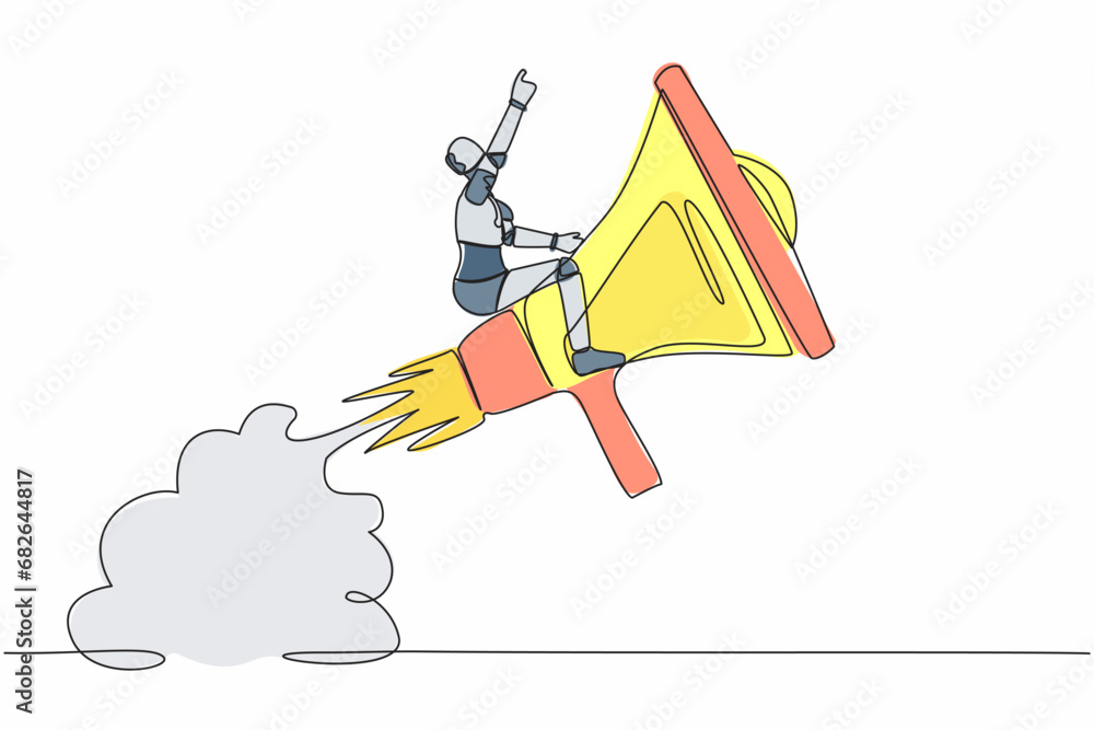 Poster continuous one line drawing of robot riding megaphone rocket flying in sky. soft skill to communicat