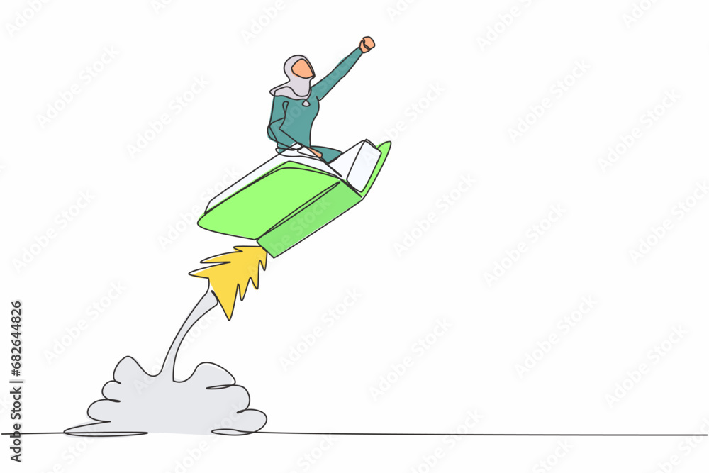 Aufkleber single continuous line drawing arab businesswoman riding open book rocket flying in sky. launch new 