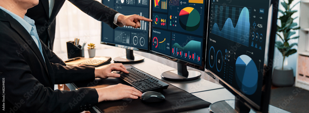 Poster analyst working on data analysis or bi dashboard on computer monitor. business team analyzing financ