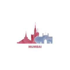 Mumbai watercolor cityscape skyline city panorama vector flat modern logo, icon. India, Maharashtra megapolis emblem concept with landmarks and building silhouettes. Isolated graphic