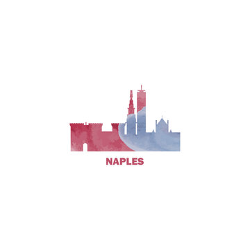 Naples watercolor cityscape skyline city panorama vector flat modern logo, icon. Italy, Campania megapolis emblem concept with landmarks and building silhouettes. Isolated graphic