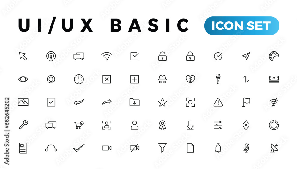 Poster basic user interface essential set. ui/ux line outline icons. for app, web, print. editable stroke.
