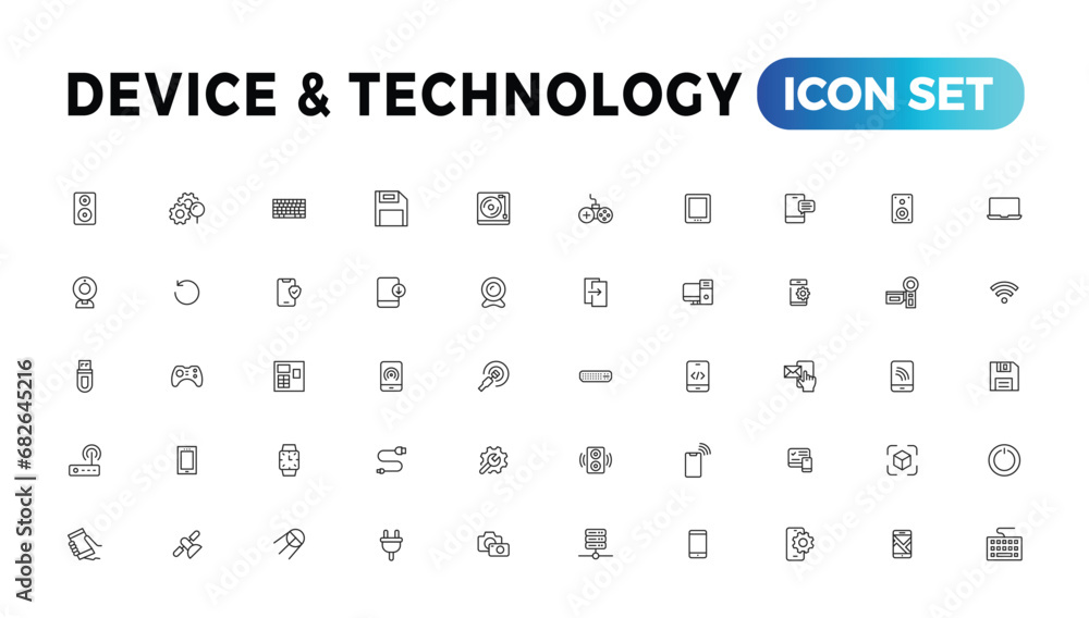 Poster device and information technology line icons collection. big ui icon set in a flat design. thin outl