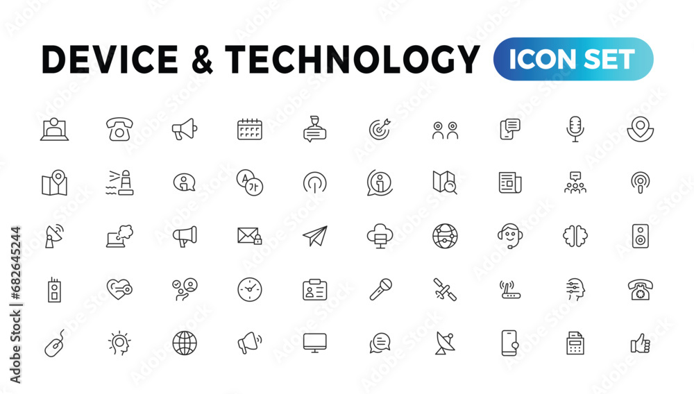 Aufkleber device and information technology line icons collection. big ui icon set in a flat design. thin outl
