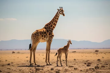 Foto op Aluminium Giraffe mother and baby in grassland savanna day time, tallest animal in the world. © Sunday Cat Studio