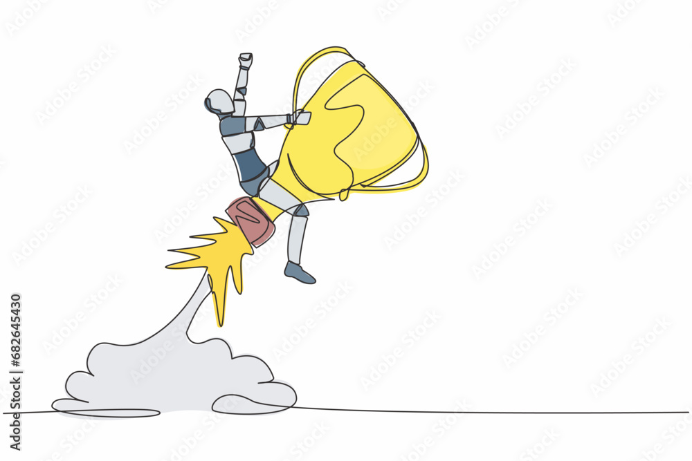 Poster continuous one line drawing robot riding trophy rocket flying in sky. improve tech ability to win co