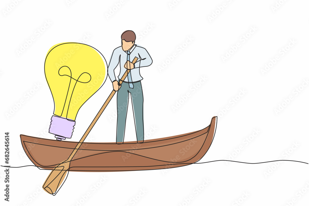 Poster continuous one line drawing businessman standing in boat and sailing with light bulb. manager search