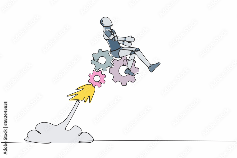 Poster single one line drawing robot riding gear rocket flying in the sky. problem solving with tech mechan