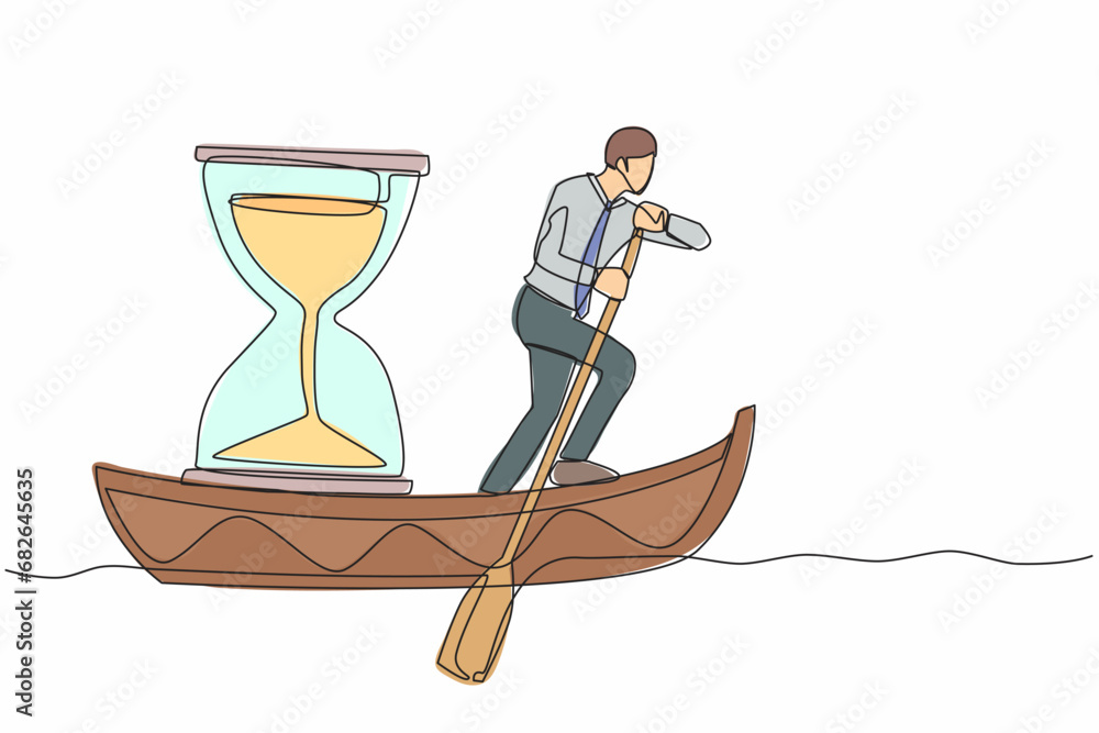 Poster continuous one line drawing businessman standing in boat and sailing with hourglass. manager escape 