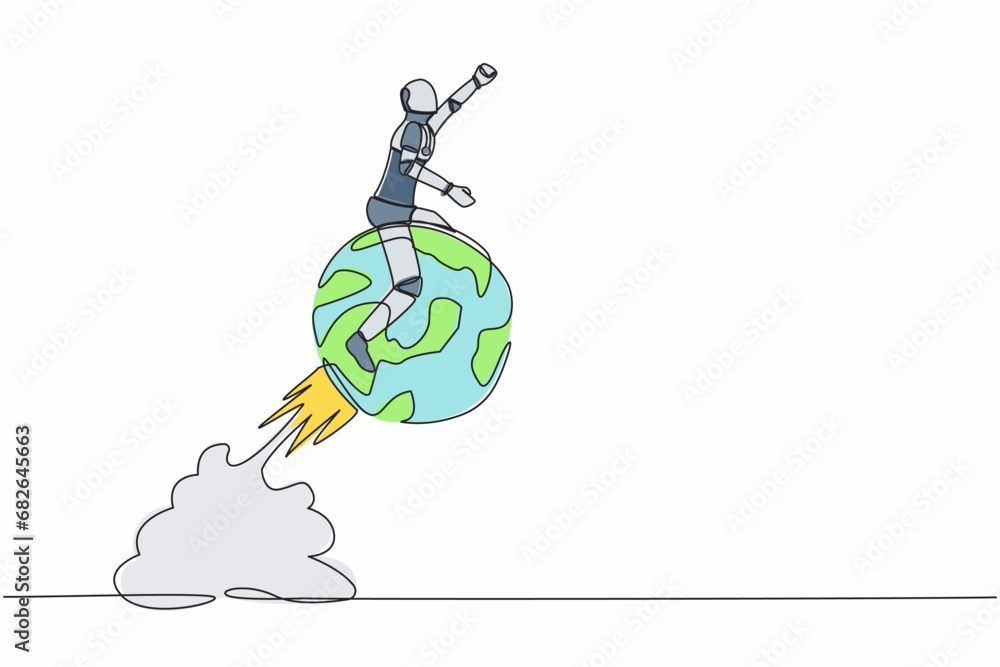 Poster single continuous line drawing of robot riding sphere globe rocket flying in sky. global business ex