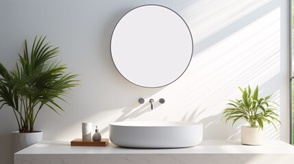 White bathroom interior design, countertop washbasin with faucet on white counter and round mirror in modern minimal washroom, front view with sunlight, 3D illustration.