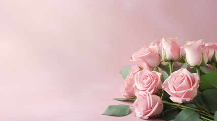 Beautiful pink rose bouquet on pink backdrop, wedding and Valentine s day background.