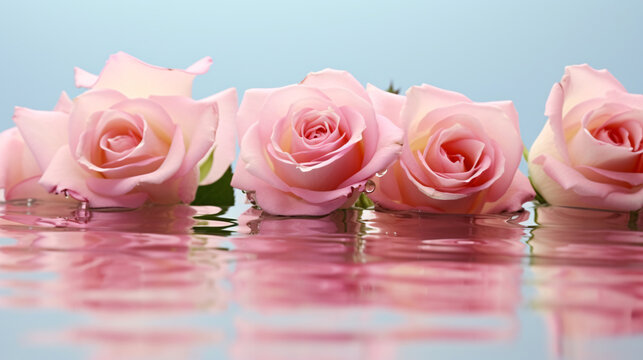 Beautiful pink roses flower on serene water surface with reflection, beauty and feminity concept, skincare and fashion background.