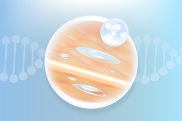 Hyaluronic acid hair and skin solutions ad, blue collagen serum drop over skin cells with anti-aging cosmetic advertising background ready to use, illustration vector.