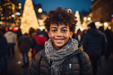 A smiling mixed race black teen standing child in the city square