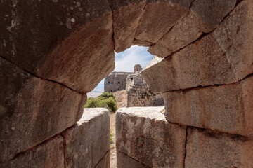 View  through the loophole in the watchtower on the medieval fortress of Nimrod - Qalaat...