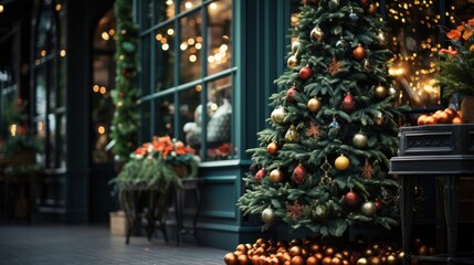 Fototapeta na wymiar Christmas tree in a shop entrance