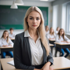 School Days in Style: A Stunning Photo of a Young Blonde Teacher and her Active Classroom