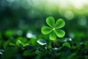 Four-leaf green clover for good luck on St. Patrick's Day, bright green - obrazy, fototapety, plakaty