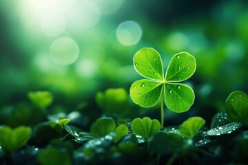 Four-leaf green clover for good luck on St. Patrick's Day, bright green - obrazy, fototapety, plakaty