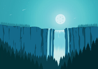 Waterfall with forest and full moon. Vector landscape illustration.