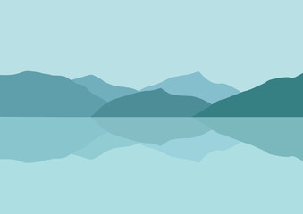 Mountains and lake panorama. Vector landscape illustration.