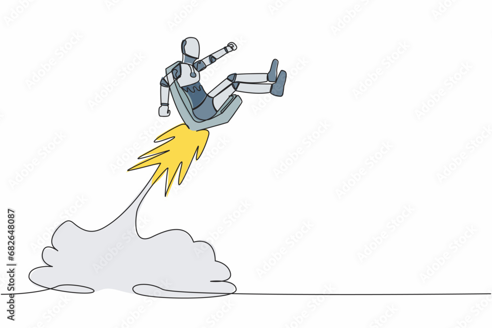 Poster single one line drawing robot riding office chair rocket flying in the sky. boost career tech develo