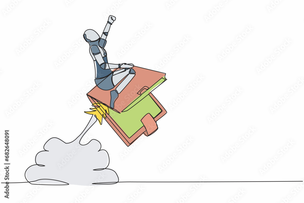Poster continuous one line drawing robot riding wallet rocket flying in the sky. financial planning at tech