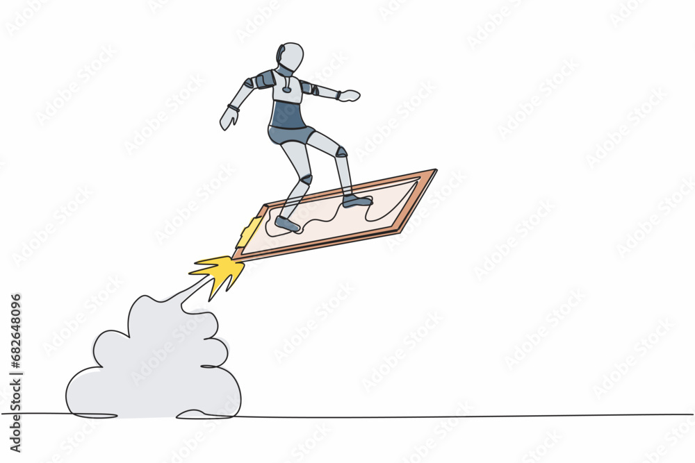 Poster single continuous line drawing robot riding clipboard rocket flying in sky. analyze data of tech bus