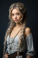 Fototapeta premium Portrait of beautiful Japanese women with light sand blonde Loose side french braid hair wearing dress