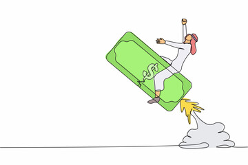 Single one line drawing Arab businessman riding banknote money rocket flying in the sky. Investment opportunity, visionary to make profit, financial growth. Continuous line design vector illustration