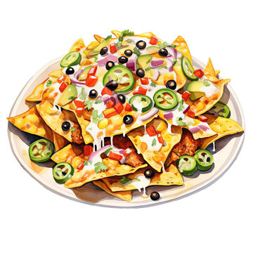 A plate of nachos watercolor clipart on transparent background. Generative AI illustration