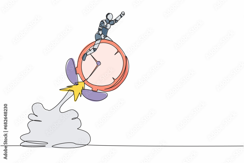 Poster single one line drawing robot riding alarm clock rocket flying in the sky. manage to finish tech pro